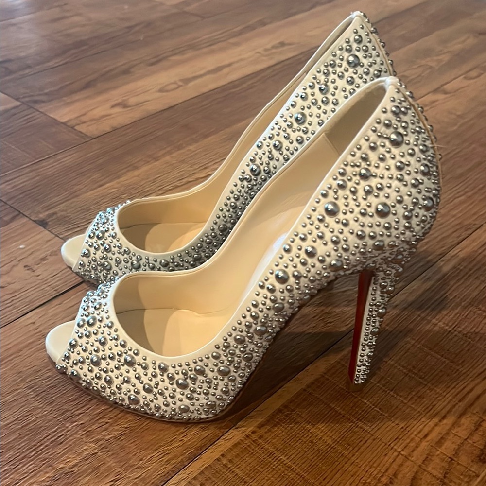 Christian Louboutin Cream Peep-Toe Heels with Bow Detail